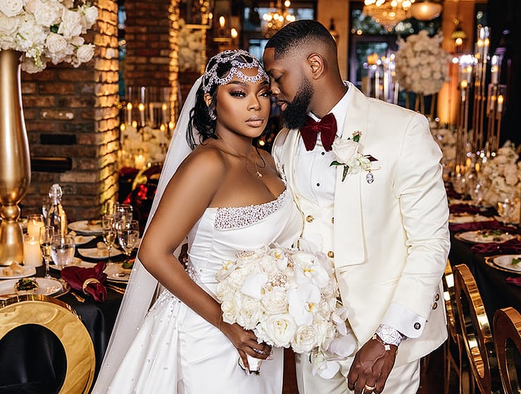 Black Bride and Groom in Luxurious Wedding Portrait | Gold Accent Reception with White Rose Details and Bouquet | Bride in Crystal Head Piece and Long Veil, Fitted Wedding Dress with Bedazzled Detailing | Groom in White Tux and Burgundy Tie