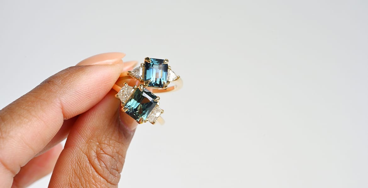 Radiant cut and emerald cut Zara rings by Valerie Madison