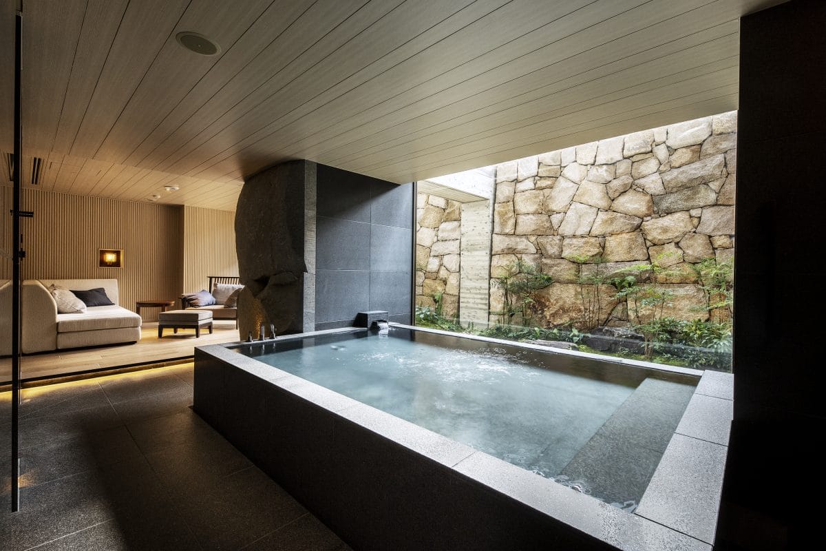 A private onsen suite for honeymooners at Hotel the Mistui Kyoto, Kyoto, Japan