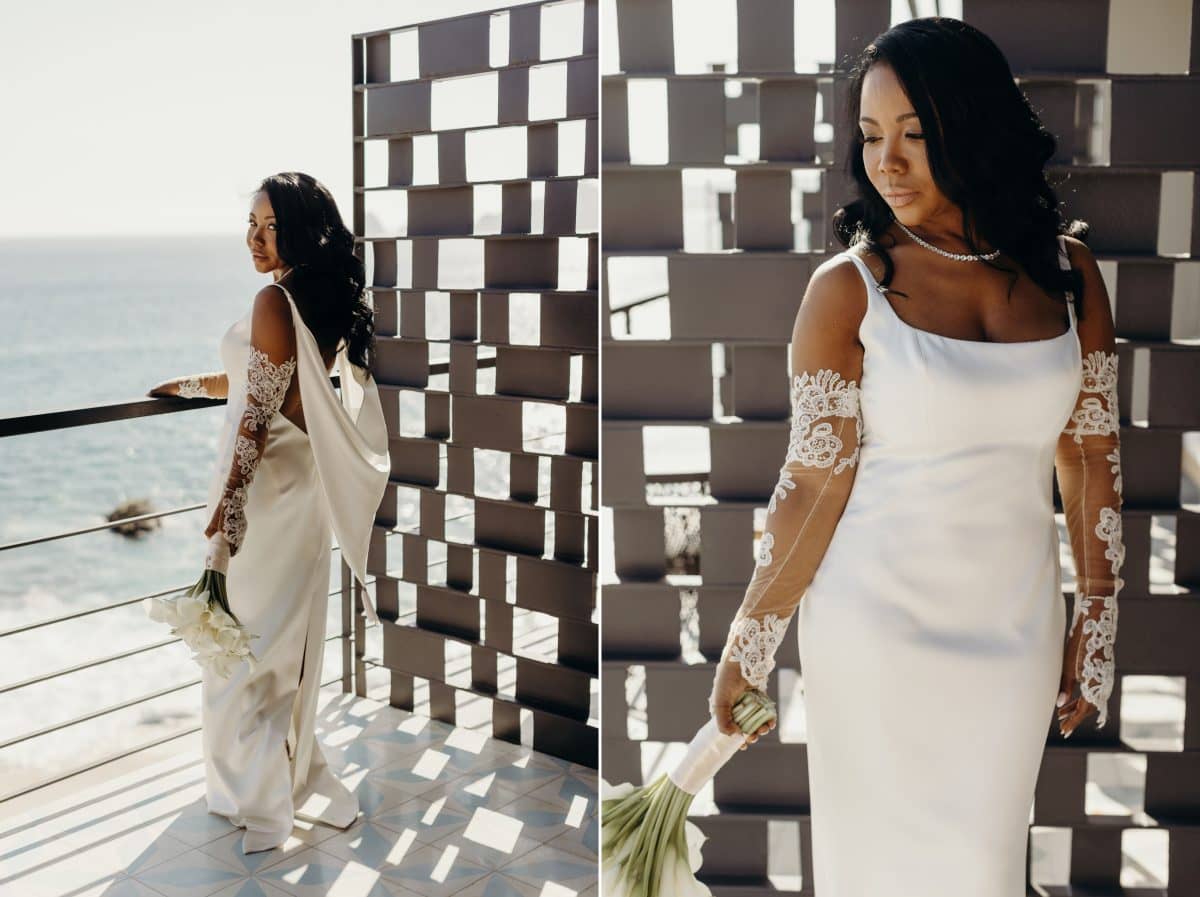 Front and back of bride's bridal dress for wedding at Monalisa in Cabo San Lucas, Mexico