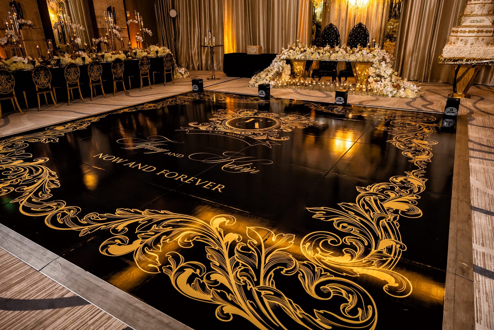 Black and Gold Custom Dance Floor for Wedding Reception