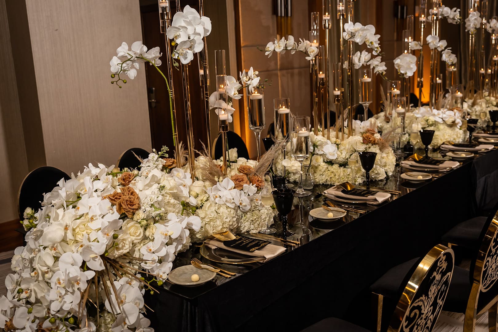 Black Linen Tablescape with White Orchids and Gold Details 
