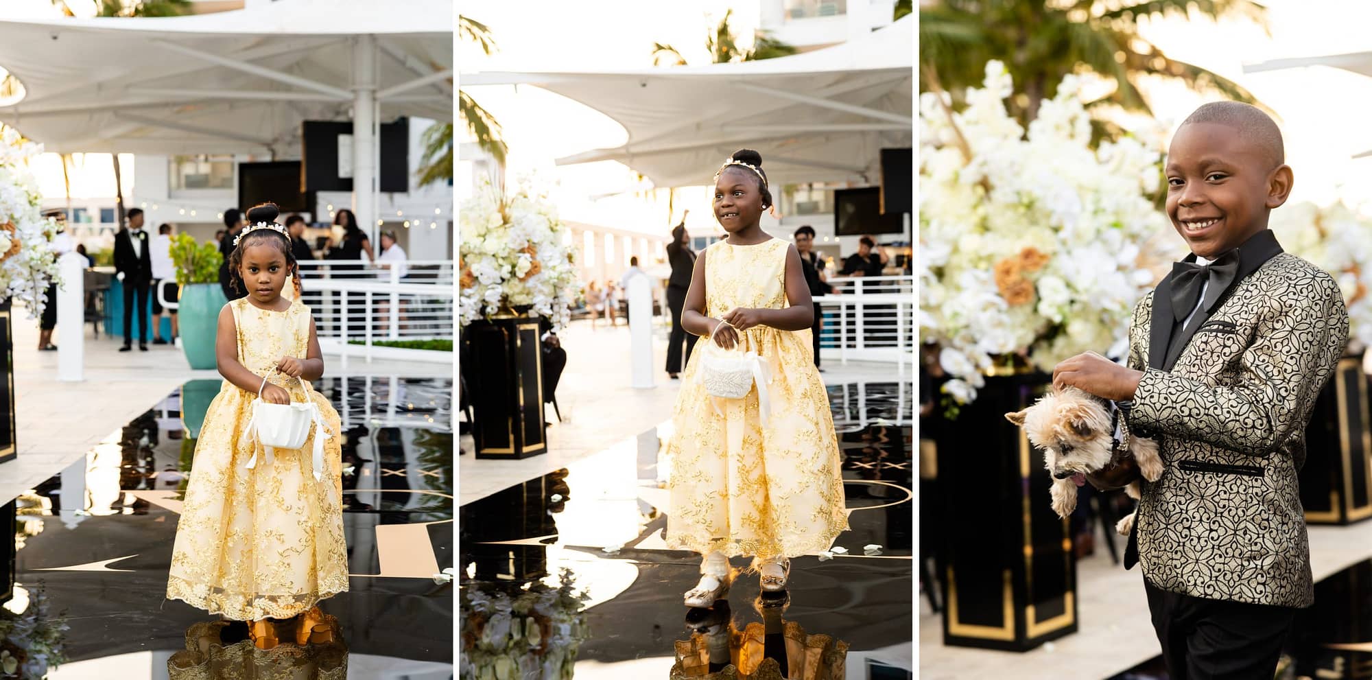 Flower Girls in Gold Dresses and Ring Bearer in Black and Gold Tux
