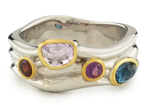 Silver Plated Ring with Jeweled Tone Gem Stones in Pink and Blue Rimmed in Gold