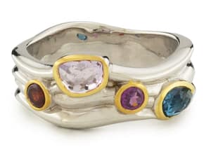 Silver Plated Ring with Jeweled Tone Gem Stones in Pink and Blue Rimmed in Gold 