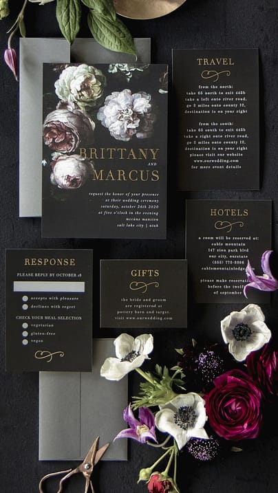 Black Floral Wedding Stationery with Floral Details and Gold Lettering
