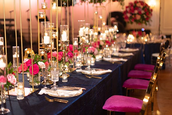 Navy Tablescape with Pink and Fuchsia Touches Tall Centerpieces and Candles