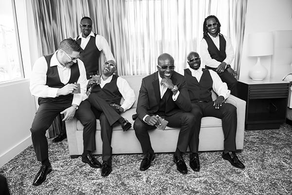 Groom and Groomsmen Getting Ready for Wedding Day Black and White Wedding Portrait