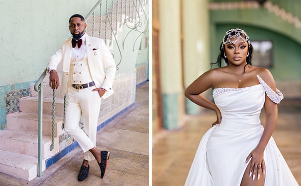 Groom in Cream Tux with Burgundy Tie and Black Red Bottom Shoes | Bride in Fitted Wedding Gown with Detachable Skirt with Beading and one Shoulder Detail and Crystal Headpiece | Wedding Photographer Stanlo Photography