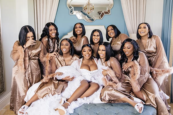 Bride in White Robe and Bridesmaids in Copper Fluffy Robes Getting Ready Wedding Portrait | Photographer Stanlo Photography