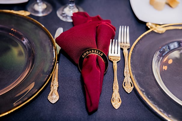 Red Napkin and gold Flatware for Wedding Tablescape | Photographer Stanlo Photography
