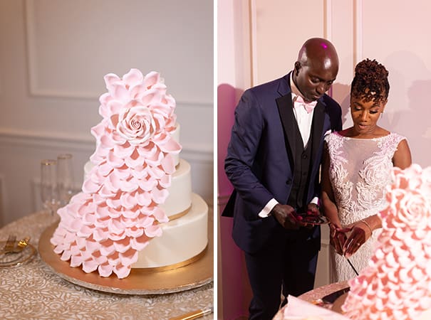 Pink Floral Detailed Three Tiered Wedding Cake | Couple Cutting the Cake on Their Wedding Day Portrait