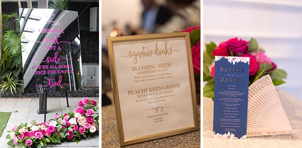 Navy, Gold, and Hot Pink Wedding Decor Details with Acrylic Welcome Sign and Blue Stationary