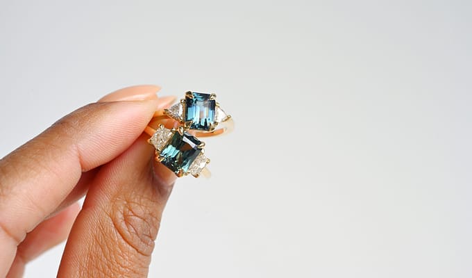 Radiant cut and emerald cut Zara rings by Valerie Madison