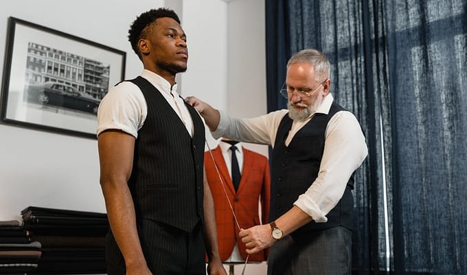 A tailor measuring a groom's sleeve size for a jacket