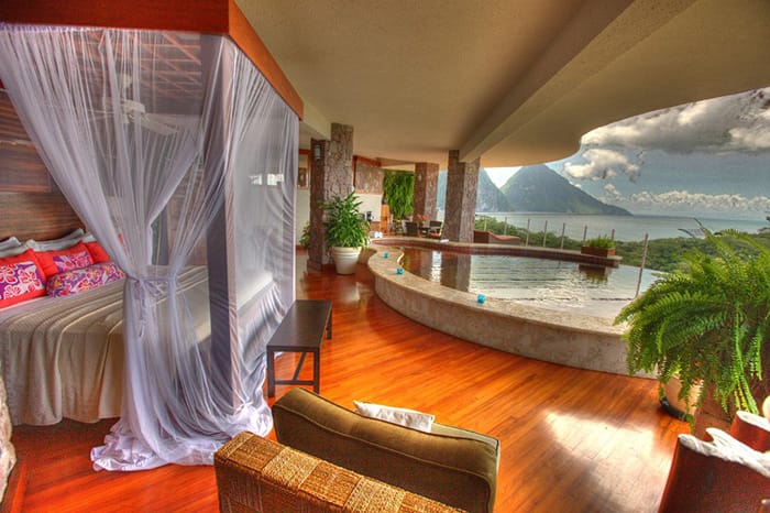 Jade Mountain Resort in St. Lucia with view of the Pitons. Best honeymoon destination 2023