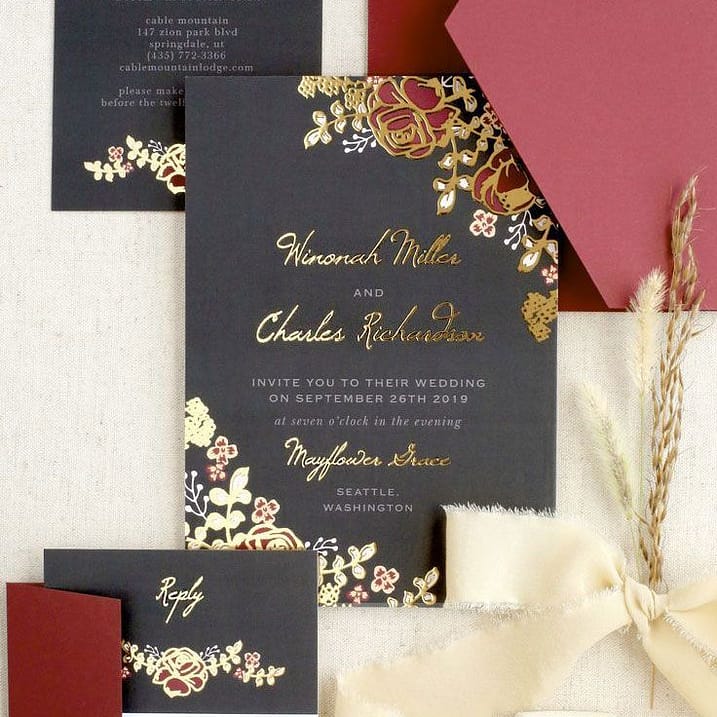 Black and Gold Wedding Invitation with Red and Blue Detailing