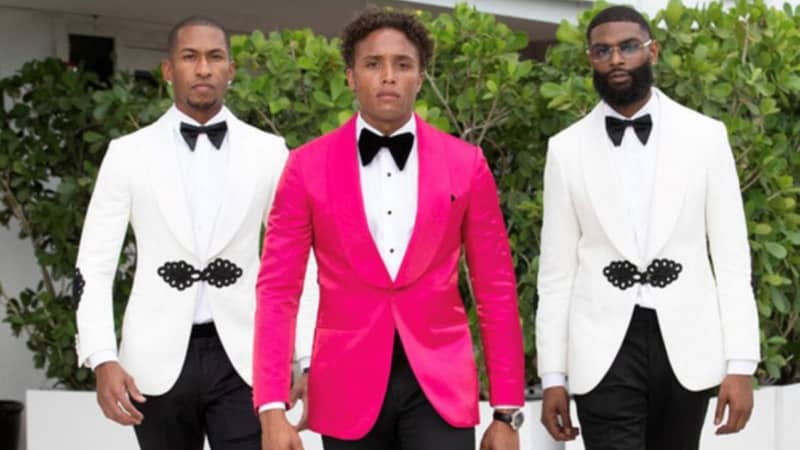 Hot pink and white tuxedos with black details