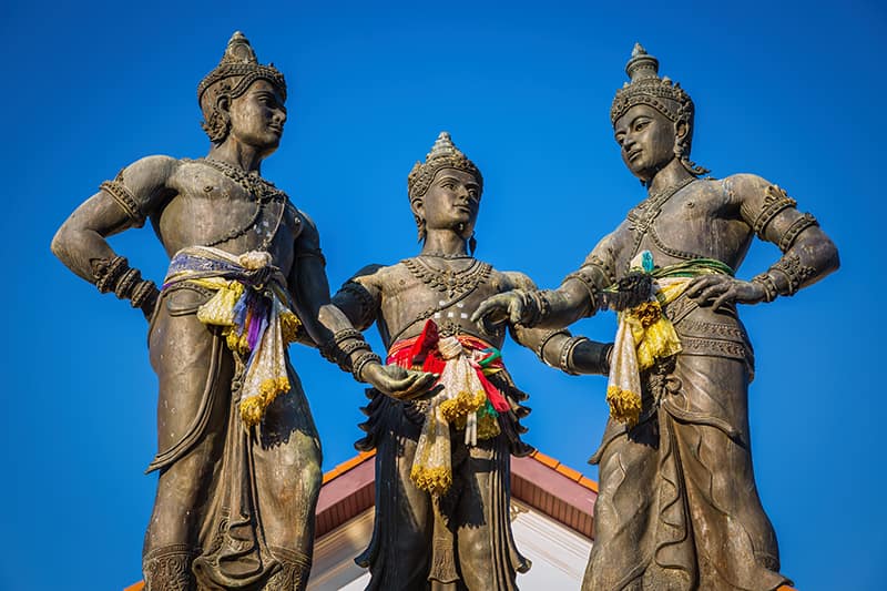 Three Kings Monument in the heart of Old Town in Chiang Mai, Thailand.