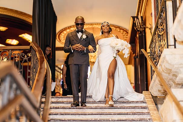 Father of the Bride Walks Bride Down the Grand Staircase Aisle Wedding Portrait | Wedding Photographer Stanlo Photography