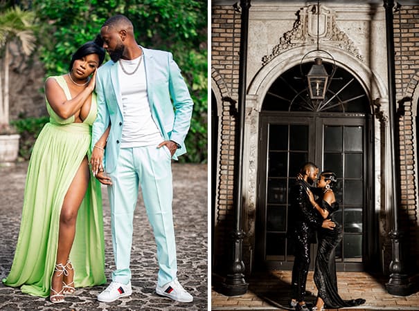 Bride in Lime Green Deep V Flowy Dress with Slip and Groom in Light Blue Suit and Tennis Shoes in Engagement Shoot Wedding Portrait | Bride and Groom in All Black Outfits Intimate Engagement Shoot Portrait | Photographer Allsnap Media