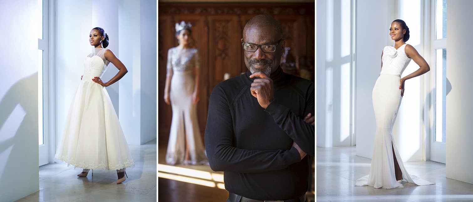Tea Length Wedding Gown in Ivory on Model Damien Lovegrove | African American Designer Nek Vardikos Runway Show | Floor Length Fitted Classic Wedding Gown in Ivory on Model Damien Lovegrove