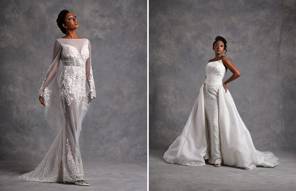Bride in Long Sleeve Sheer Fitted Lace Detail Wedding Gown | Bride in Modern Satin Detachable Ballgown Wedding Gown with Structured Bodice | Photographer George Chinsee
