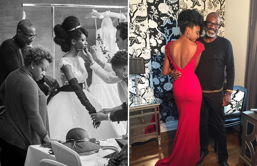 Bride Getting Ready in Custom Dress by Designer Yemi Black and White Wedding Portrait | Designer Yemi with Model in Red Low Back Fitted Gown with Detailed Shoulder | Photographer Melanie Nashan